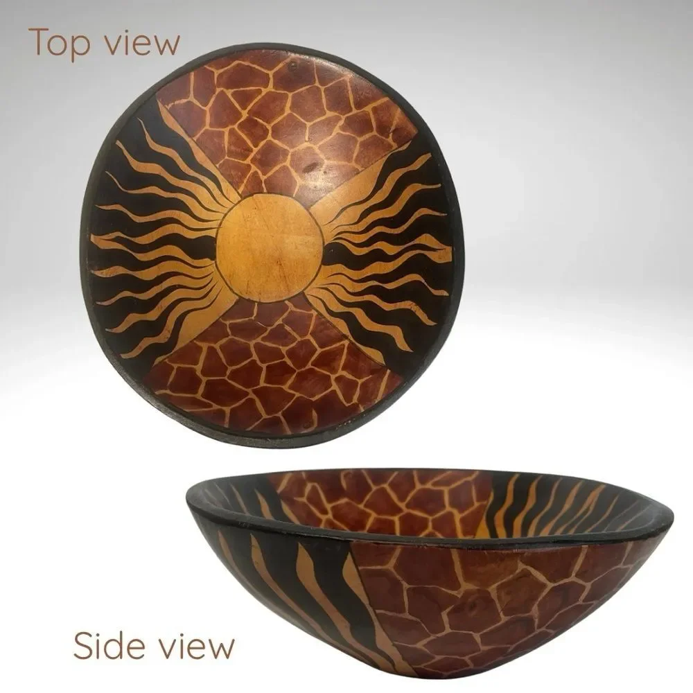 Hand Carved Wooden Bowl with Sunburst Design